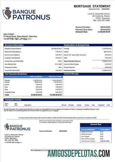 imprimível Mauritius Banque Patronus Limitée Declaração de hipoteca Word e modelo PDF
